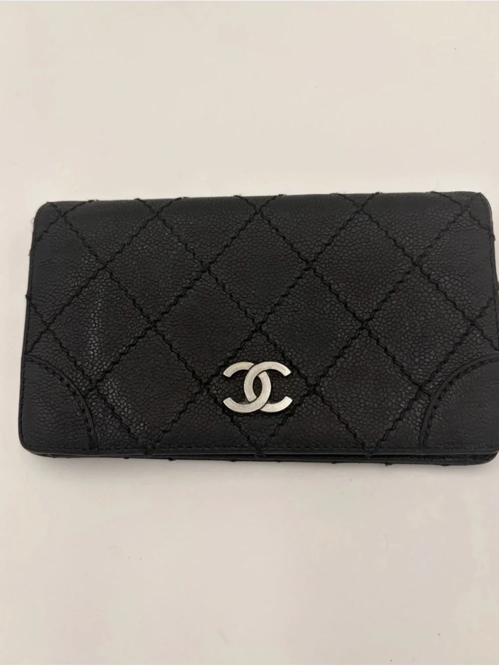 CHANEL Black Quilted Caviar Leather Wallet with Silver CC Emblem